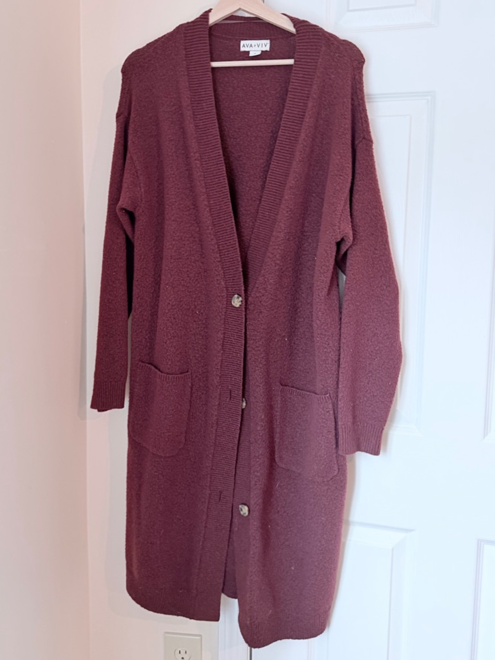 Ava & Viv Long Button-Front Cardigan - Wine